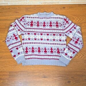 HAND KNIT SWEATER GRAPHIC GRAY WHITE RED